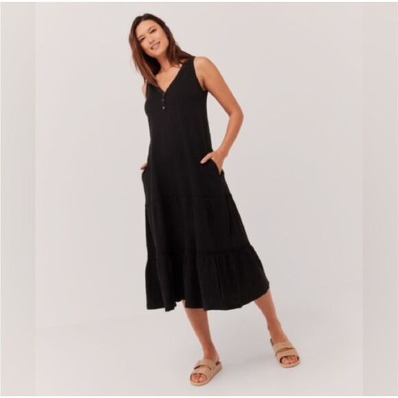 Pact Sleeveless Black Tiered Midi Organic Cotton Dress Casual Everyday size M - Picture 1 of 6